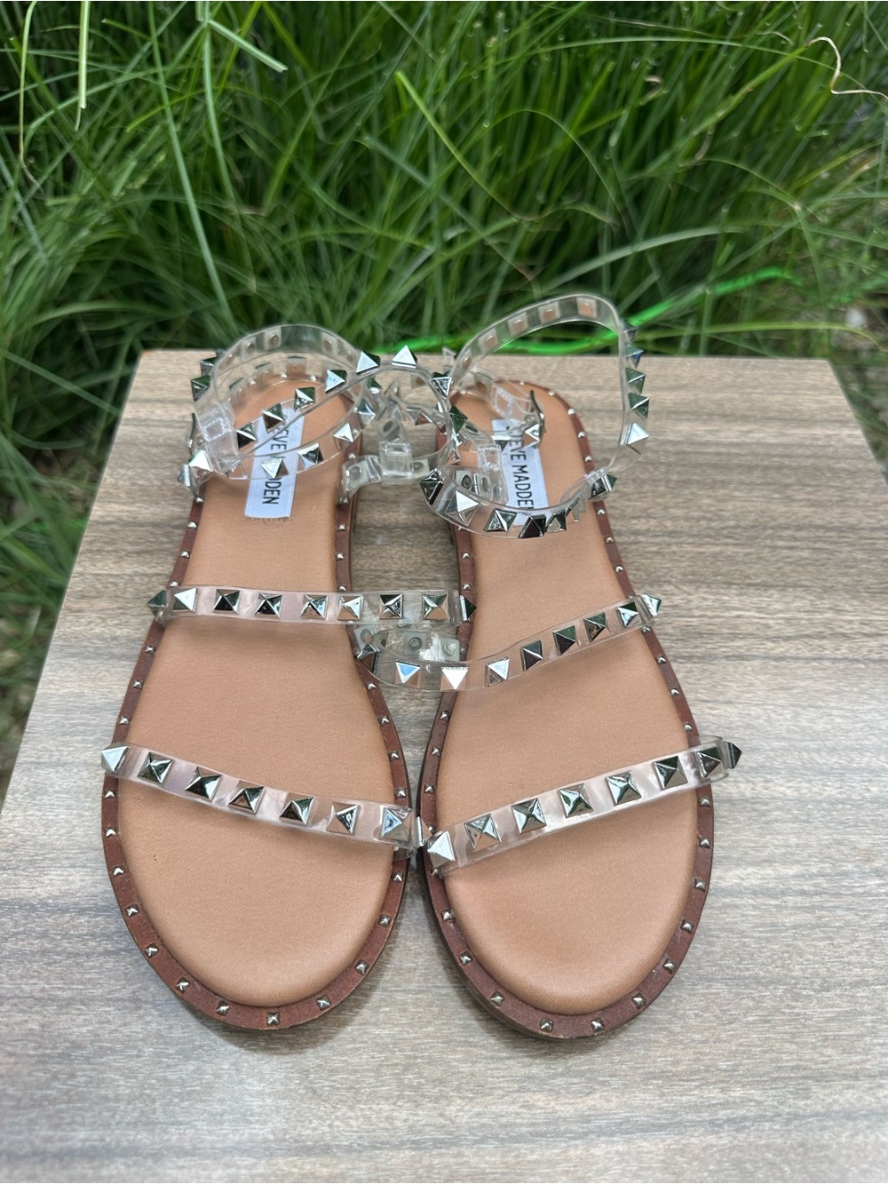 Steve Madden Travel Clear Studded Ankle Strap Flat Sandals